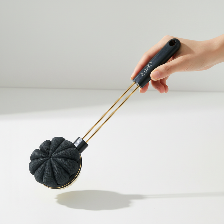 Unisex exfoliating bath brush with soft bristles and long handle for complete body care