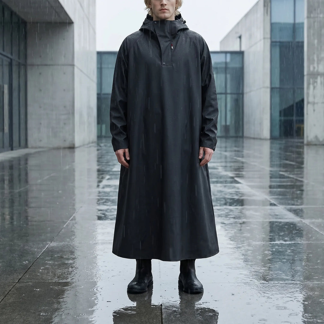 Unisex long hooded rain jacket for motorcycle riding and outdoor adventures in wet weather.