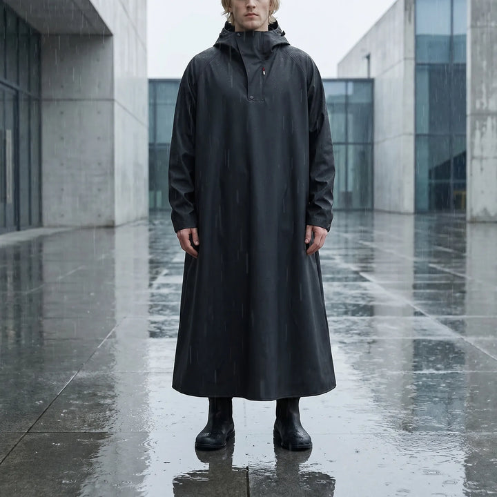 Unisex long hooded rain jacket for motorcycle riding and outdoor adventures in wet weather.