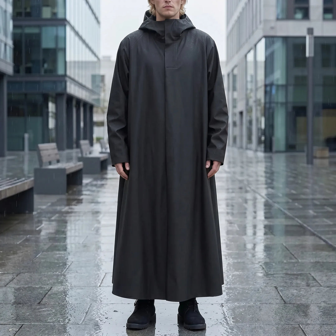 Durable unisex long rain jacket for motorcycle adventures and outdoor activities in wet conditions.
