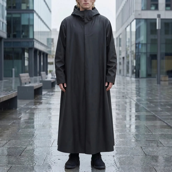 Durable unisex long rain jacket for motorcycle adventures and outdoor activities in wet conditions.