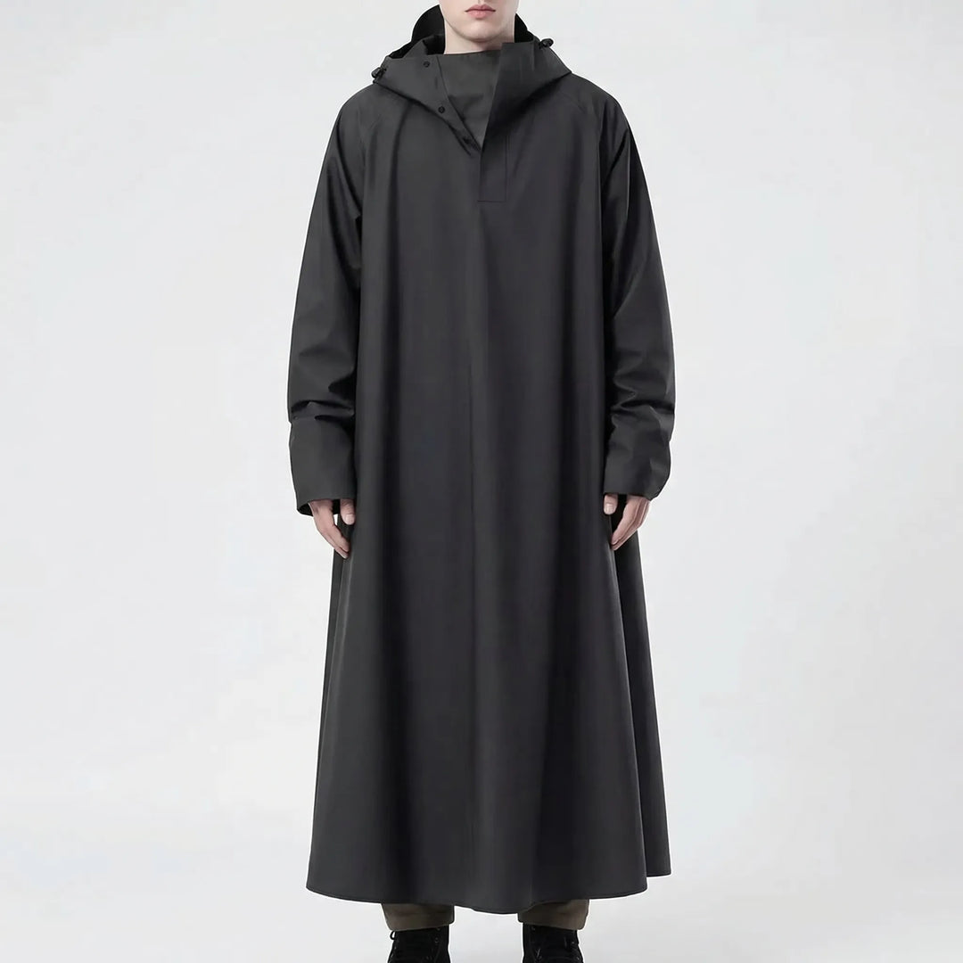Versatile unisex hooded long rain jacket, essential riding gear for motorcyclists and adventurers.