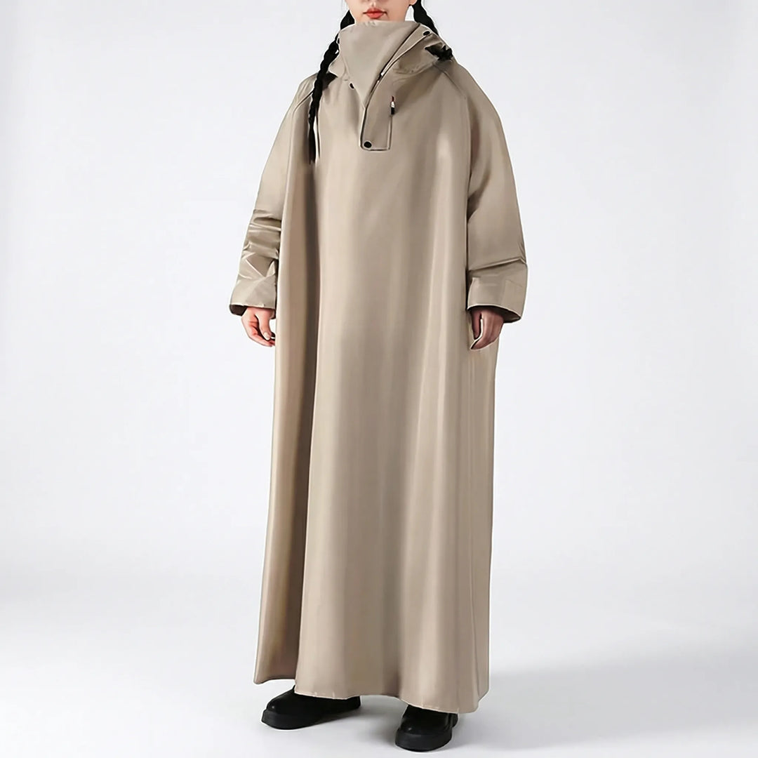 Waterproof unisex long rain coat, a hooded jacket for motorcycle commuters and outdoor enthusiasts.