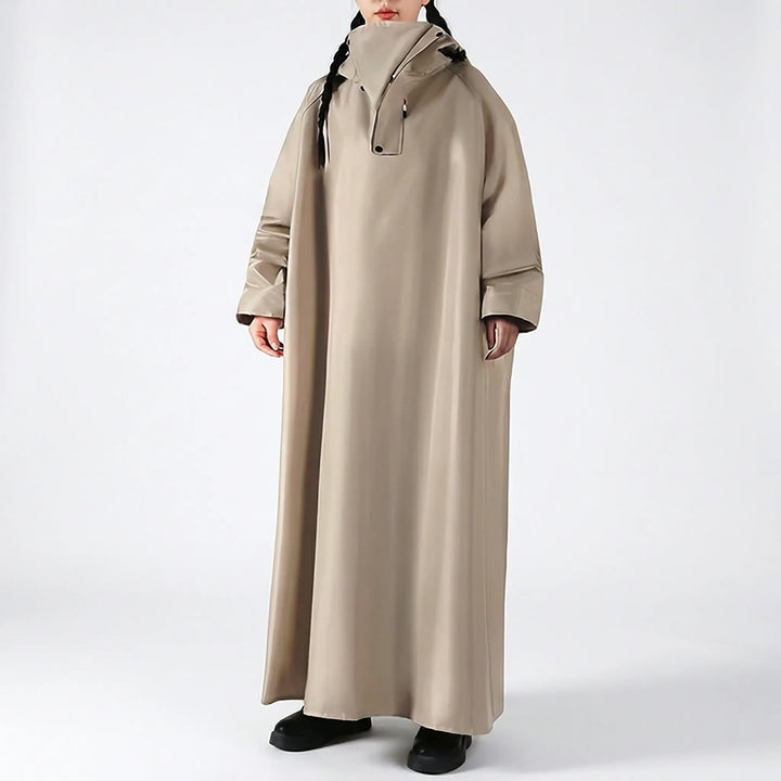 Waterproof unisex long rain coat, a hooded jacket for motorcycle commuters and outdoor enthusiasts.