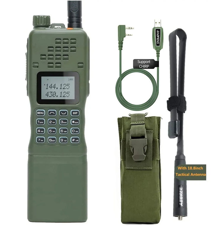 Unisex long-range dual-band walkie talkie, tactical communication device for outdoor gear & emergencies.