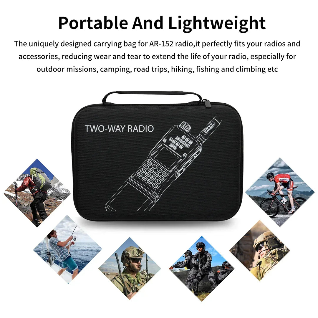 Portable dual-band walkie talkie, long-range communication for hiking, camping, and outdoor activities.