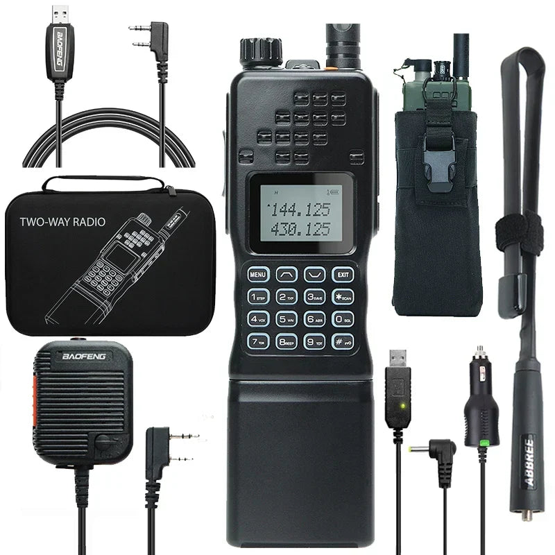 Unisex two-way radio, long-range dual-band communication device for various outdoor and emergency needs.