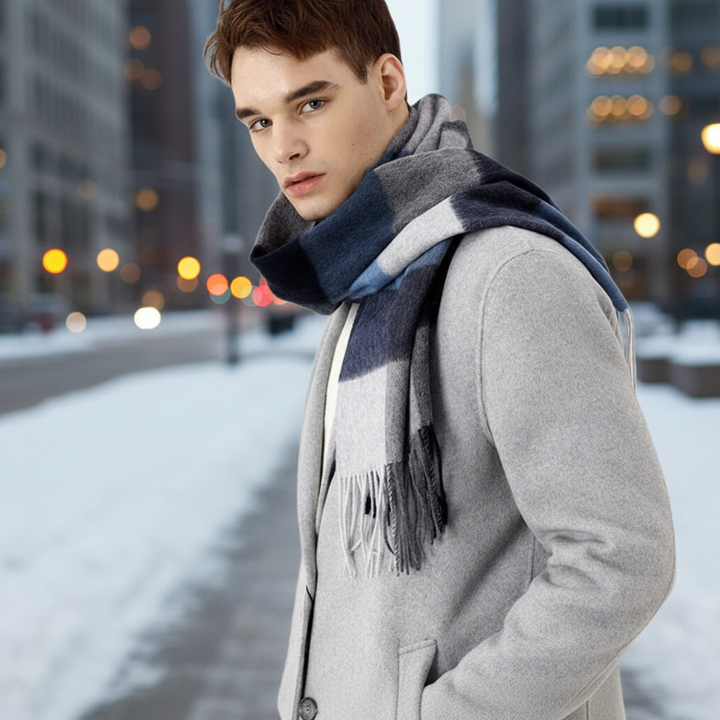 Unisex long wool scarf with classic check pattern, perfect for warm winter fashion and cold weather.