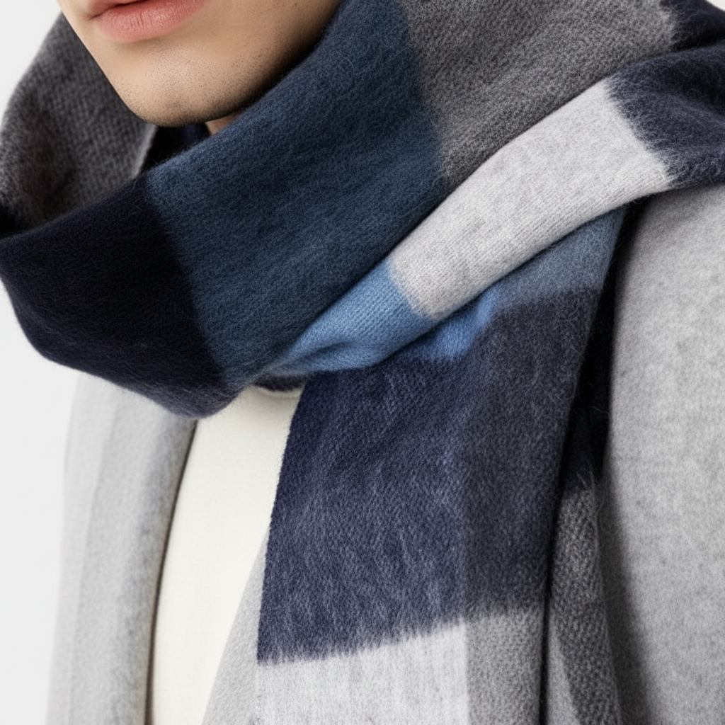 Warm and soft wool scarf featuring a timeless check pattern, ideal for unisex winter fashion.