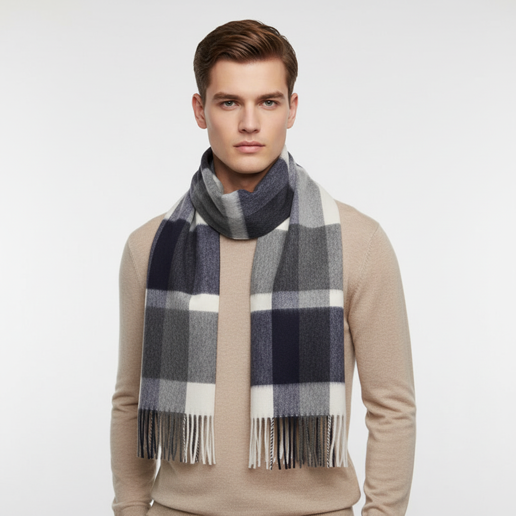 Long unisex wool scarf with elegant check design, an excellent gift and essential cold weather accessory.