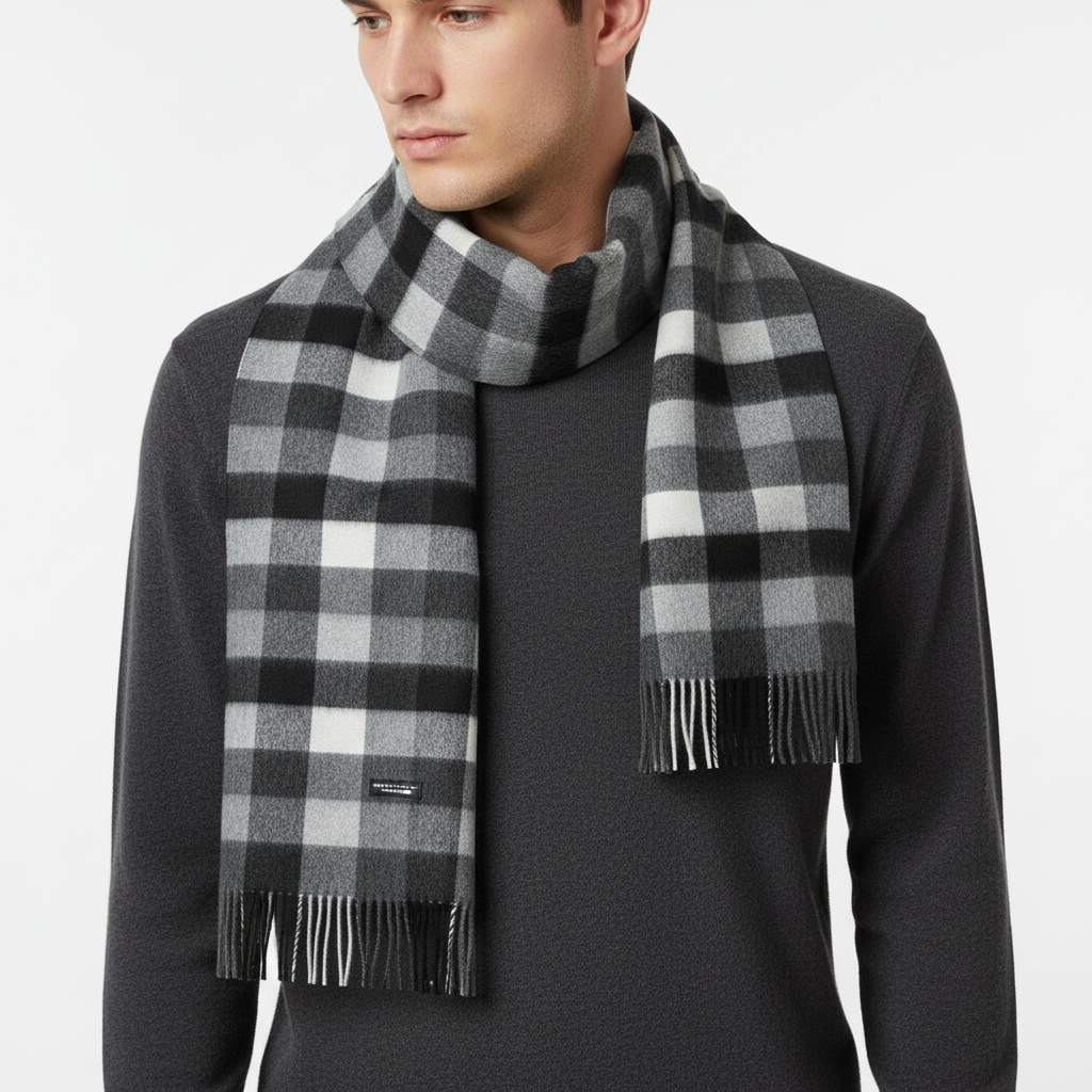 High-quality wool scarf in a versatile check pattern, designed for unisex winter comfort and style.