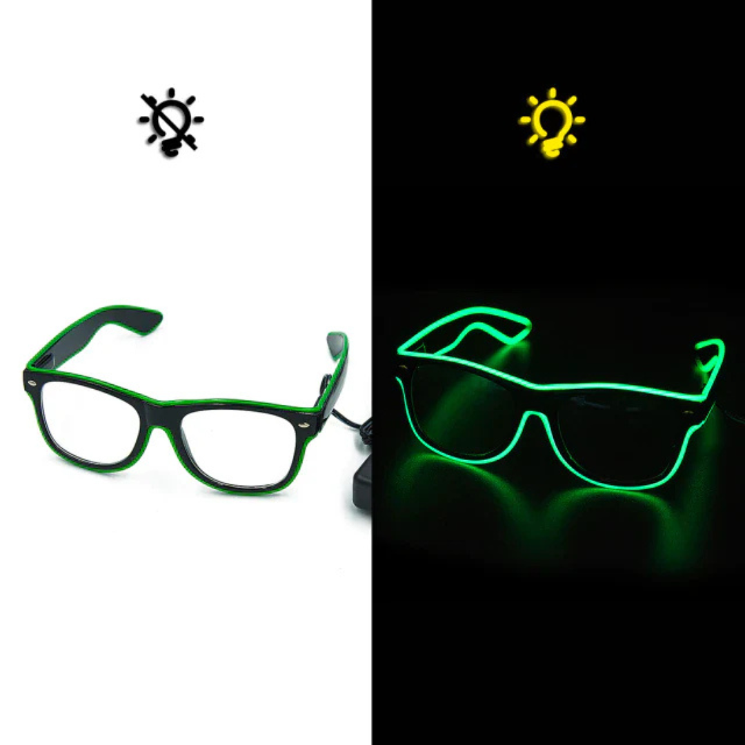Collection of LumaGlow rave glasses in various LED colors