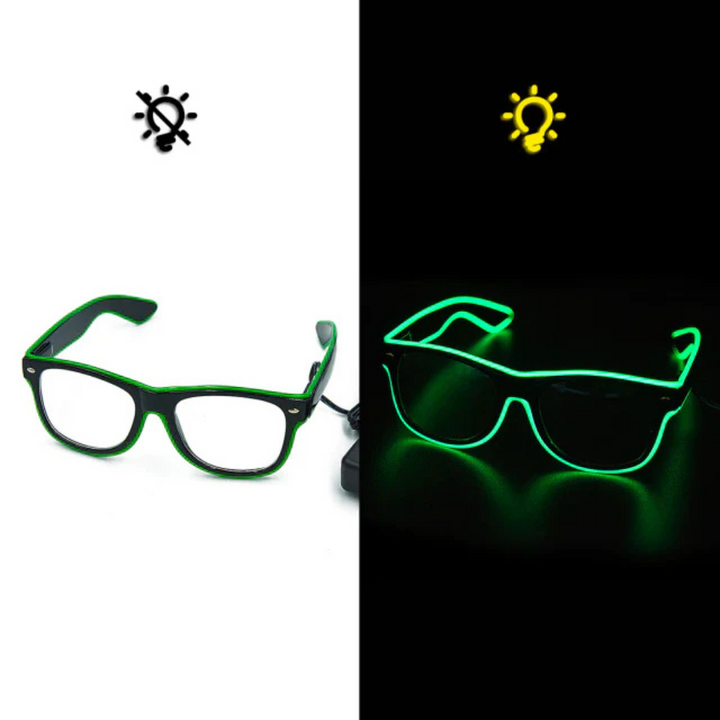 Collection of LumaGlow rave glasses in various LED colors
