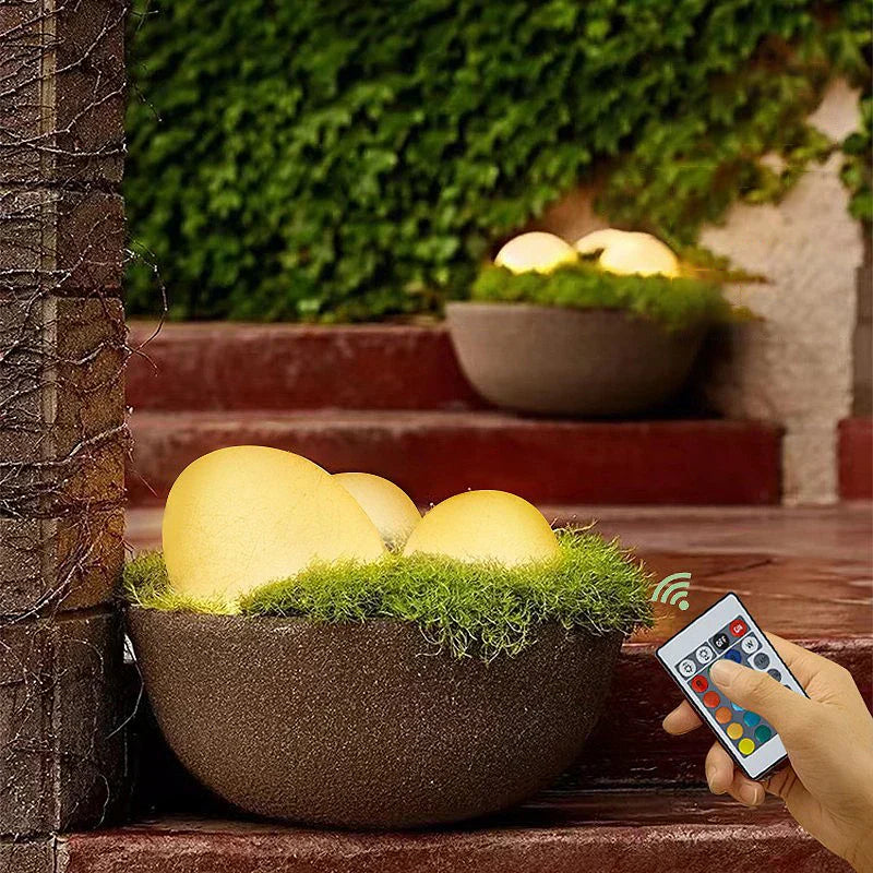 LumaStone wireless solar outdoor lamp, robust weather resistant garden lighting, pebble aesthetic