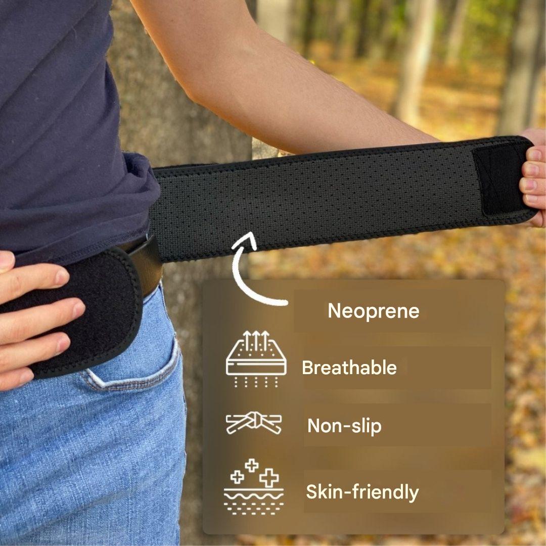 Adjustable lumbar pelvic belt. Provides back & hip support, posture correction, & pain relief for daily use.