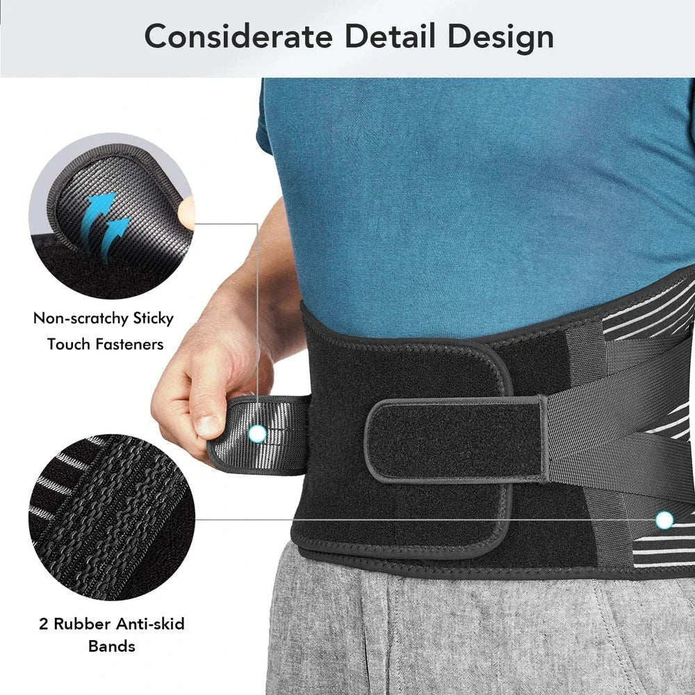 Orthopedic lumbar support belt, adjustable for effective back pain relief & posture correction for all.
