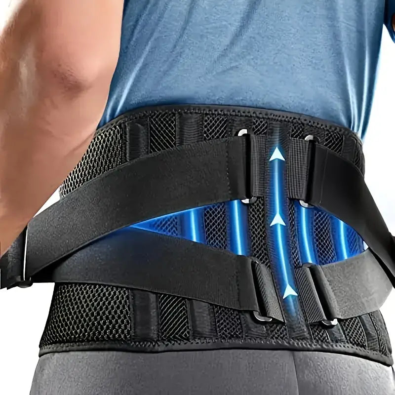 Close-up of breathable fabric lumbar support brace for long-lasting lower back pain relief.