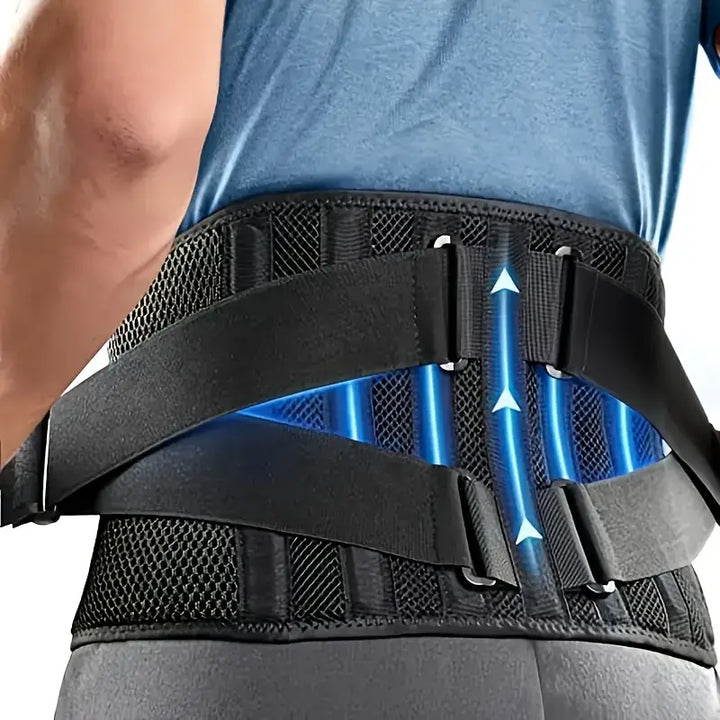 Close-up of breathable fabric lumbar support brace for long-lasting lower back pain relief.