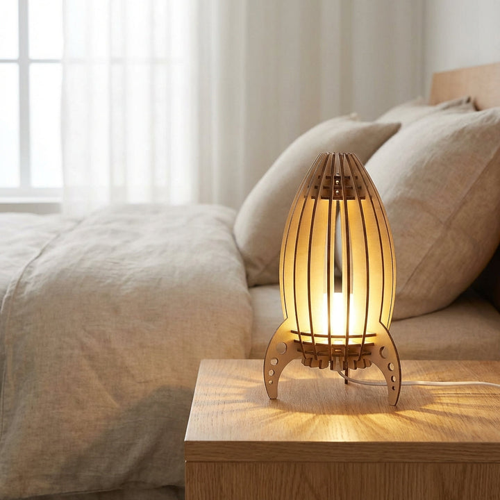 Unisex Luminocket rocket-shaped LED table lamp, modern wooden design, perfect as a night light on a desk.