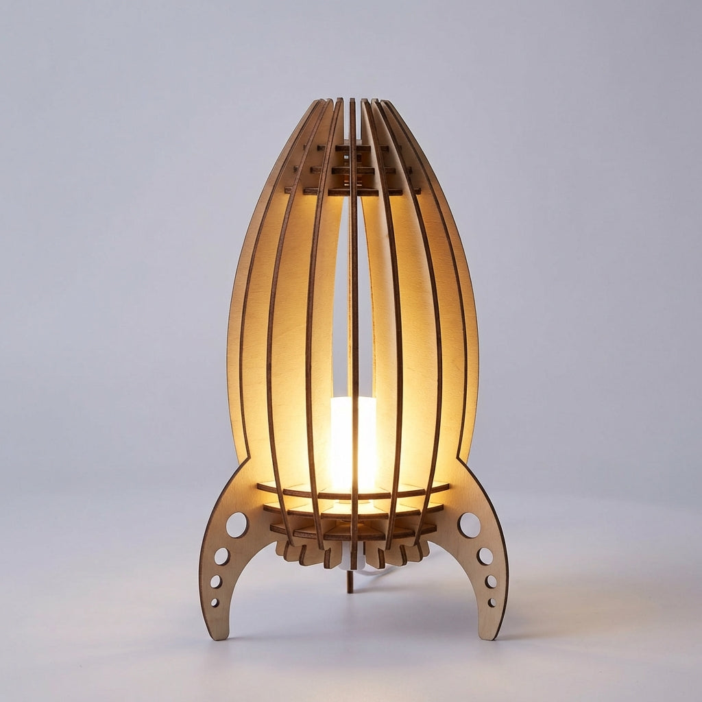 Close-up of Luminocket rocket LED table lamp, showcasing warm ambient lighting for kids' room decor.