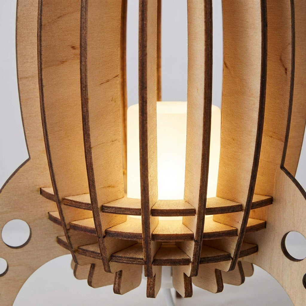 Wooden rocket lamp with soft LED glow, ideal as a unique desk lamp or home lighting accent.