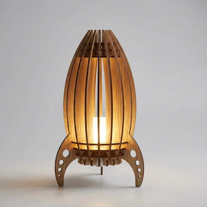 Rocket-shaped night light, Luminocket LED lamp for kids' rooms, made from natural wood.