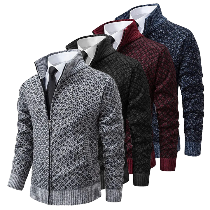 Close-up of a cozy, luxurious basket weave knitted sweater, showcasing the elegant texture and warmth.