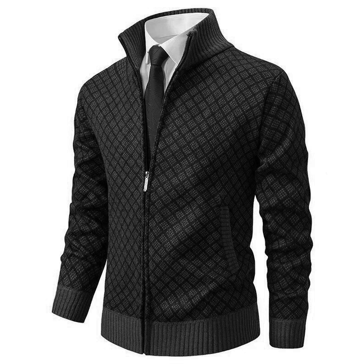 Model wearing a stylish unisex basket weave sweater, perfect for both casual and formal elegant occasions.