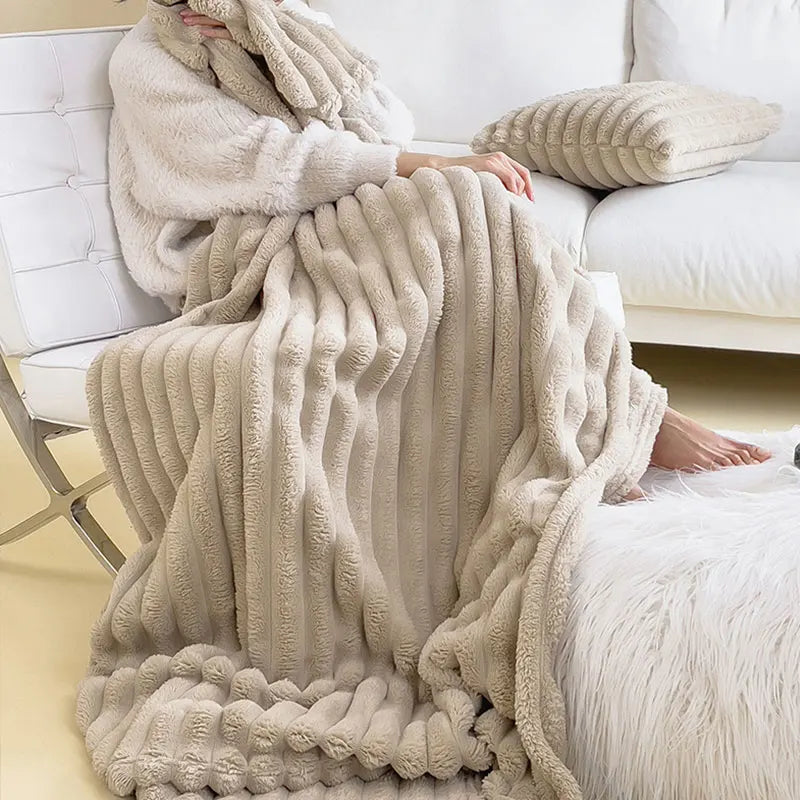 Unisex luxury plush comfort throw blanket in a cozy living room, perfect for relaxation