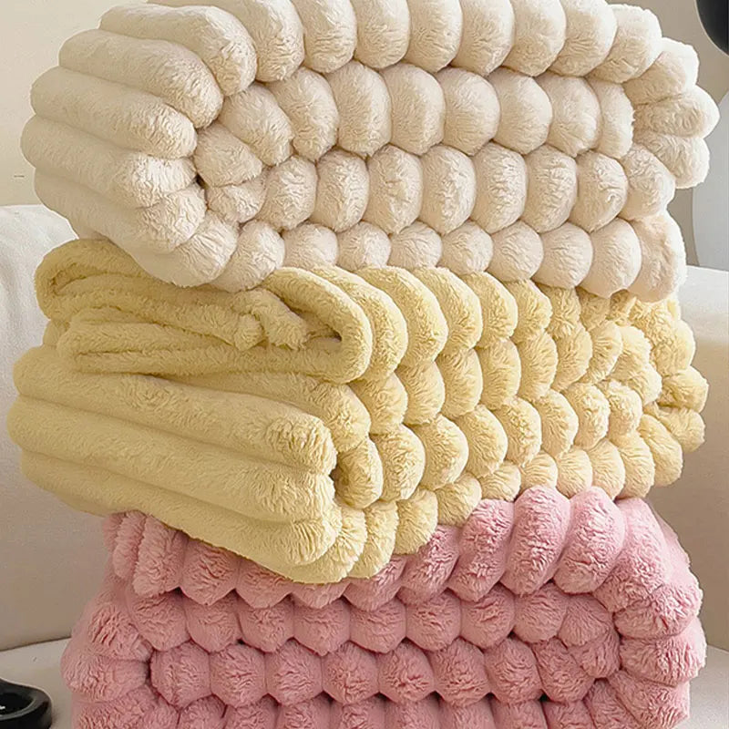 Close-up of a luxurious, thick plush comfort throw blanket texture, ideal for winter