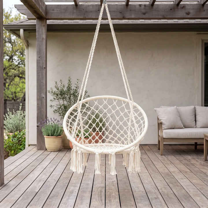 Unisex macrame hammock chair swing for indoor or outdoor relaxation, hanging seat.