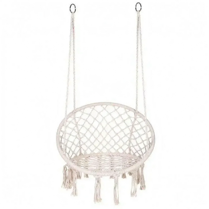 Stylish macrame hanging swing seat with fringe, suitable for bohemian decor.