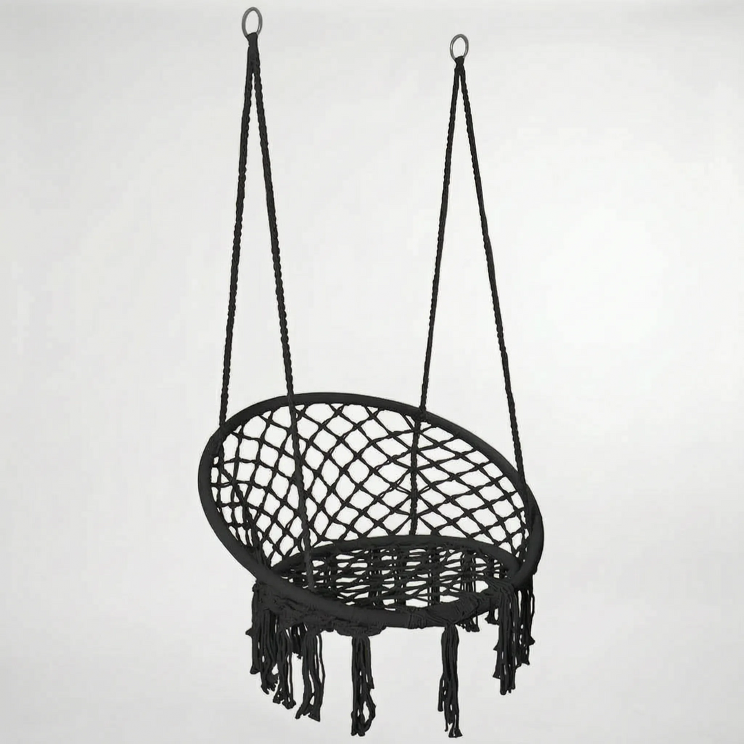 Versatile unisex macrame chair swing, easy to hang in a bedroom or on a porch.