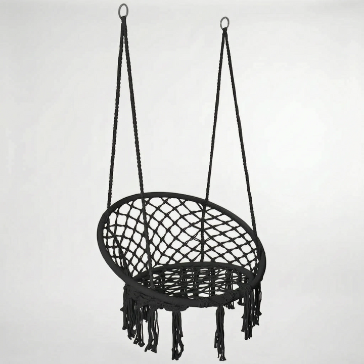 Versatile unisex macrame chair swing, easy to hang in a bedroom or on a porch.