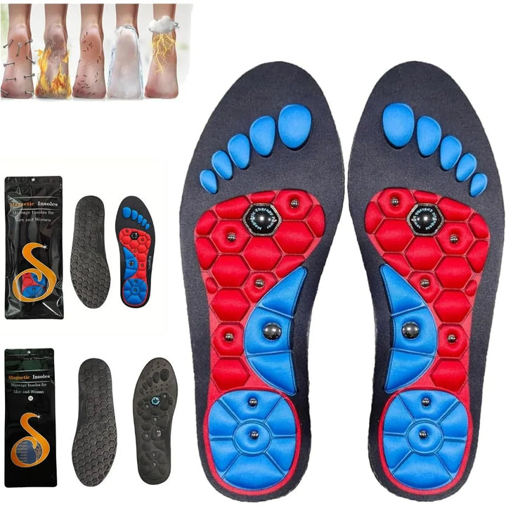 Comfortable magnetic acupressure shoe inserts provide foot pain relief, improved circulation & wellness.