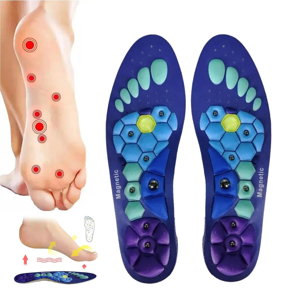 Unisex magnetic acupressure insoles for foot pain relief, promoting wellness & circulation.