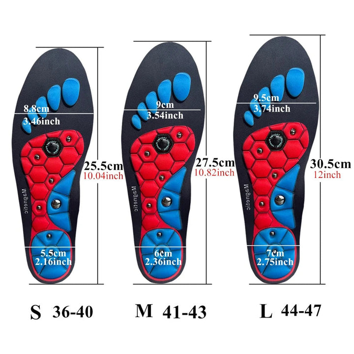 Magnetic reflexology insoles with acupressure points, boosting circulation & reducing foot fatigue.