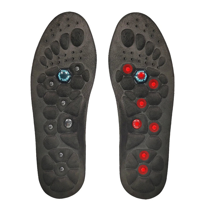 Acupressure foot insoles with magnetic therapy for massage, circulation boost & pain relief.
