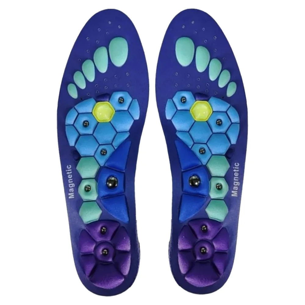Therapeutic acupressure insoles: magnetic shoe inserts for holistic foot pain relief & improved circulation.