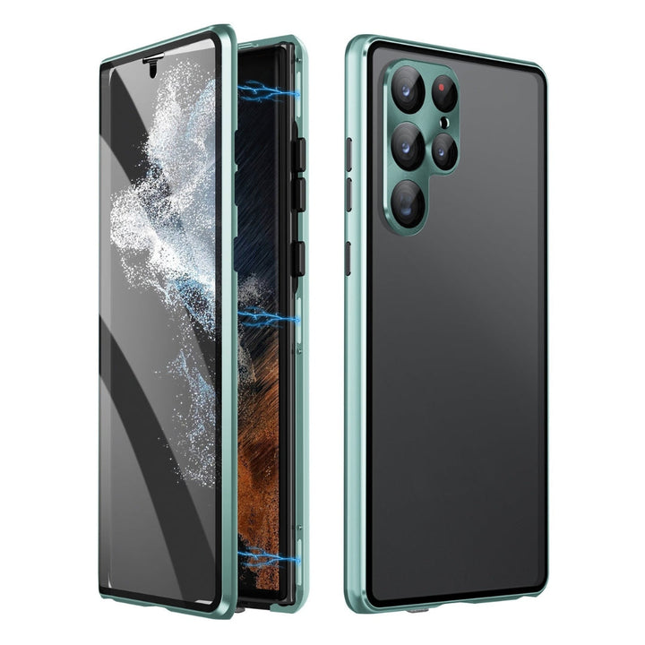 Unisex magnetic dual-sided glass phone case with privacy filter for iPhone, black finish, shockproof protection.