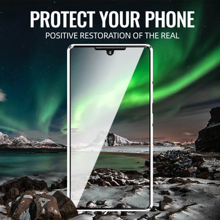 Durable magnetic glass phone case with privacy screen, providing ultimate phone protection from bumps and prying eyes.