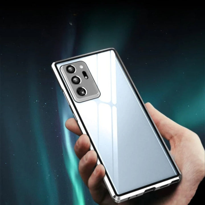 Magnetic phone case, glass front and back, with privacy filter activated, protecting screen from side views.