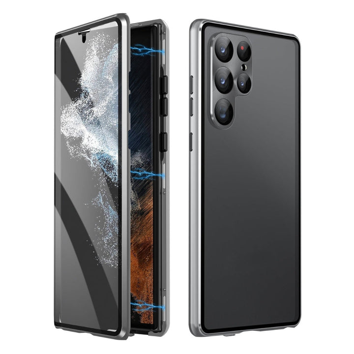 Detail view of a magnetic glass phone case snapped shut, highlighting secure fit and privacy protection feature.