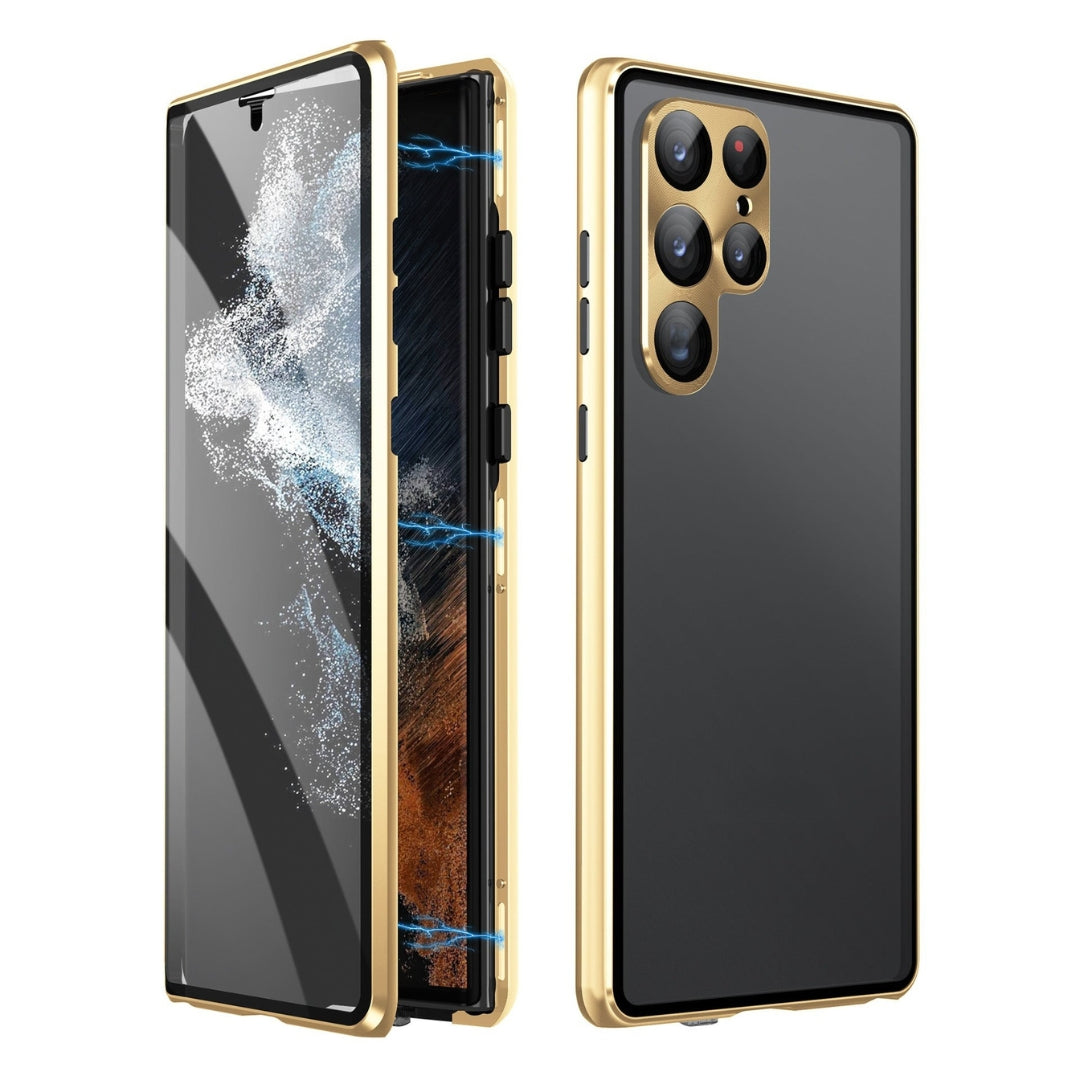 Unisex magnetic phone case, glass construction, designed for privacy. Perfect Samsung accessory, shockproof.
