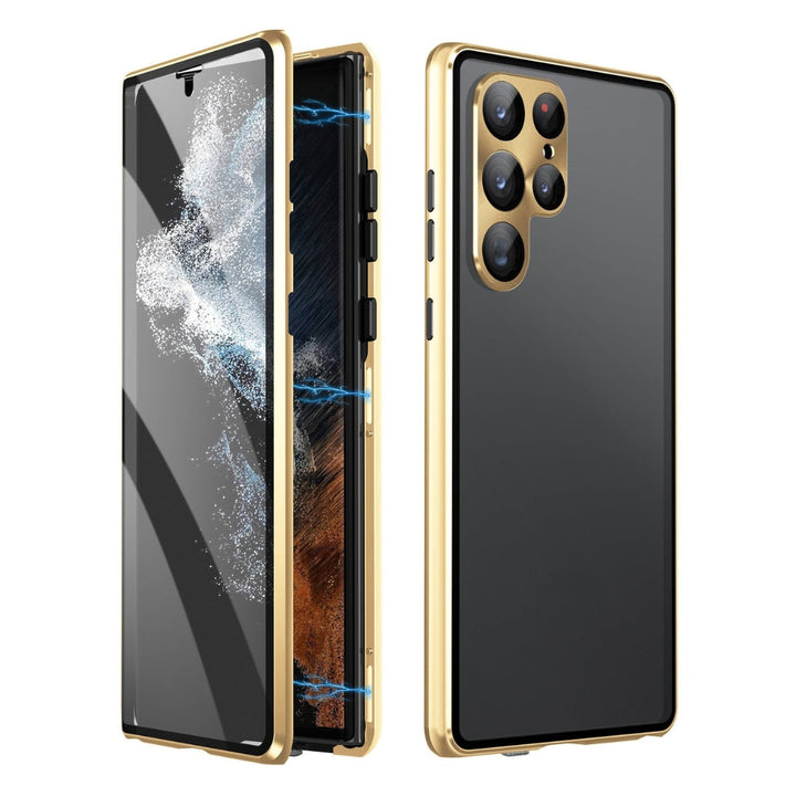 Unisex magnetic phone case, glass construction, designed for privacy. Perfect Samsung accessory, shockproof.