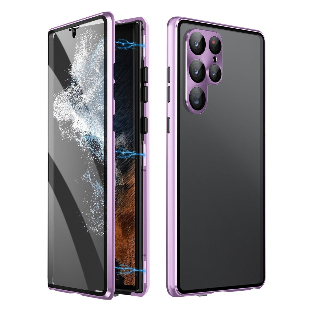 Hand holding a phone with a ClearLock magnetic dual-sided glass case, demonstrating privacy screen functionality.