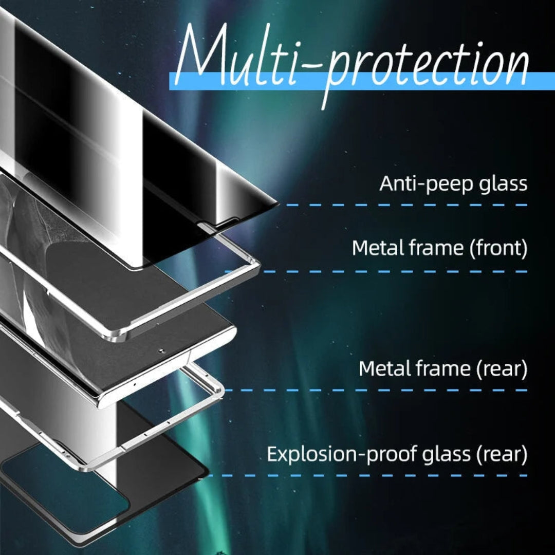 Close-up of the magnetic closure on a glass phone case, emphasizing secure attachment and durable design.