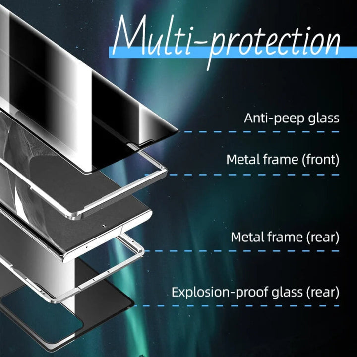 Close-up of the magnetic closure on a glass phone case, emphasizing secure attachment and durable design.
