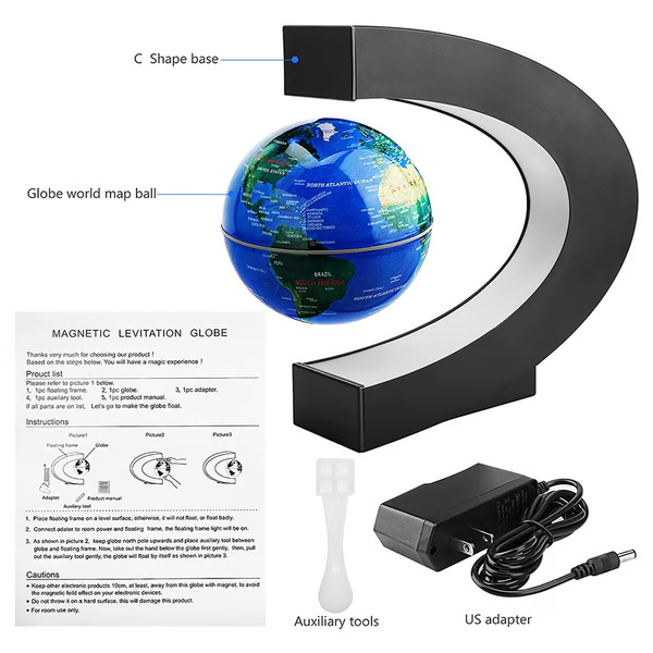 Sleek floating globe with vibrant LED lighting, enhancing any workspace or living area as a statement piece.