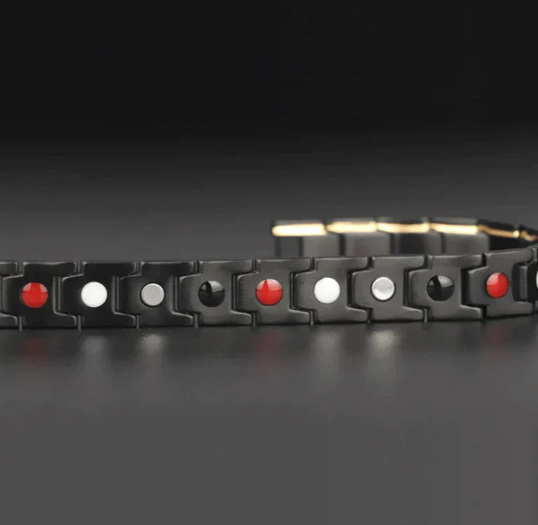 Sleek magnetic therapy bracelet promoting wellness & pain relief. Unisex health jewelry.